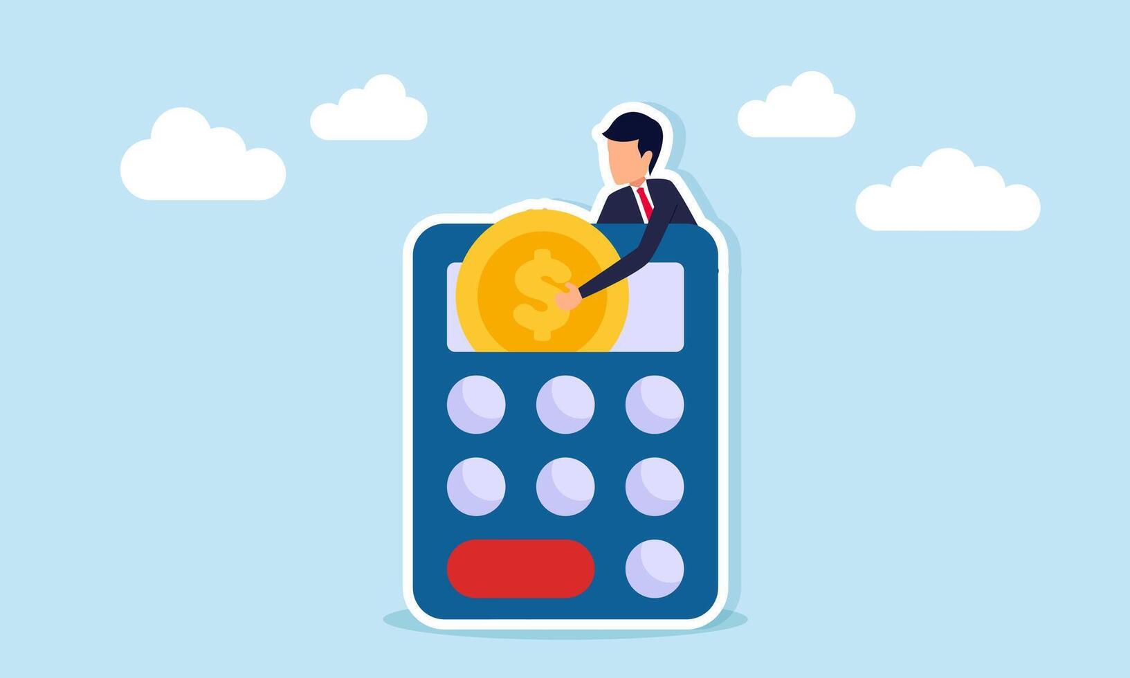 Businessman taking dollar coin from calculator screen illustration of take profit business vector
