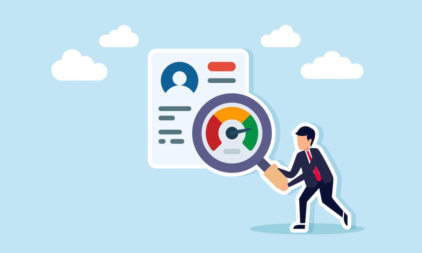 Businessman holding magnifying glass with level indicator to examine document with profile data illustration of monitoring and research of employee candidate skill level vector