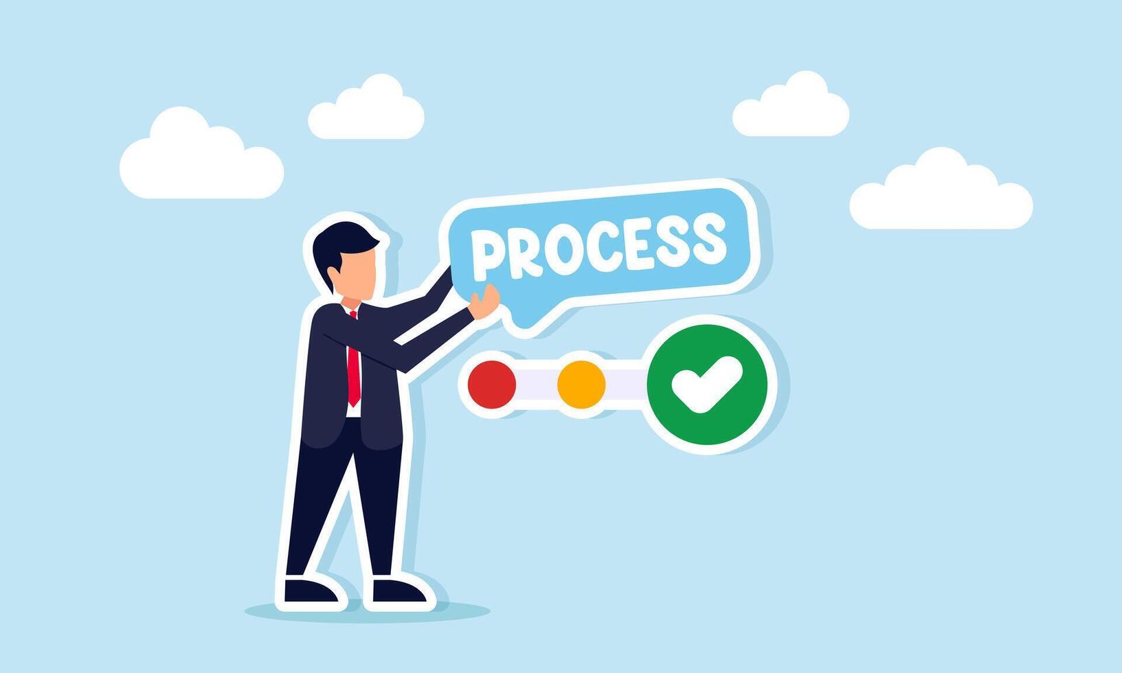 Businessman holding chat dialog with text process next to progress or step icon illustration of business team performance progress vector