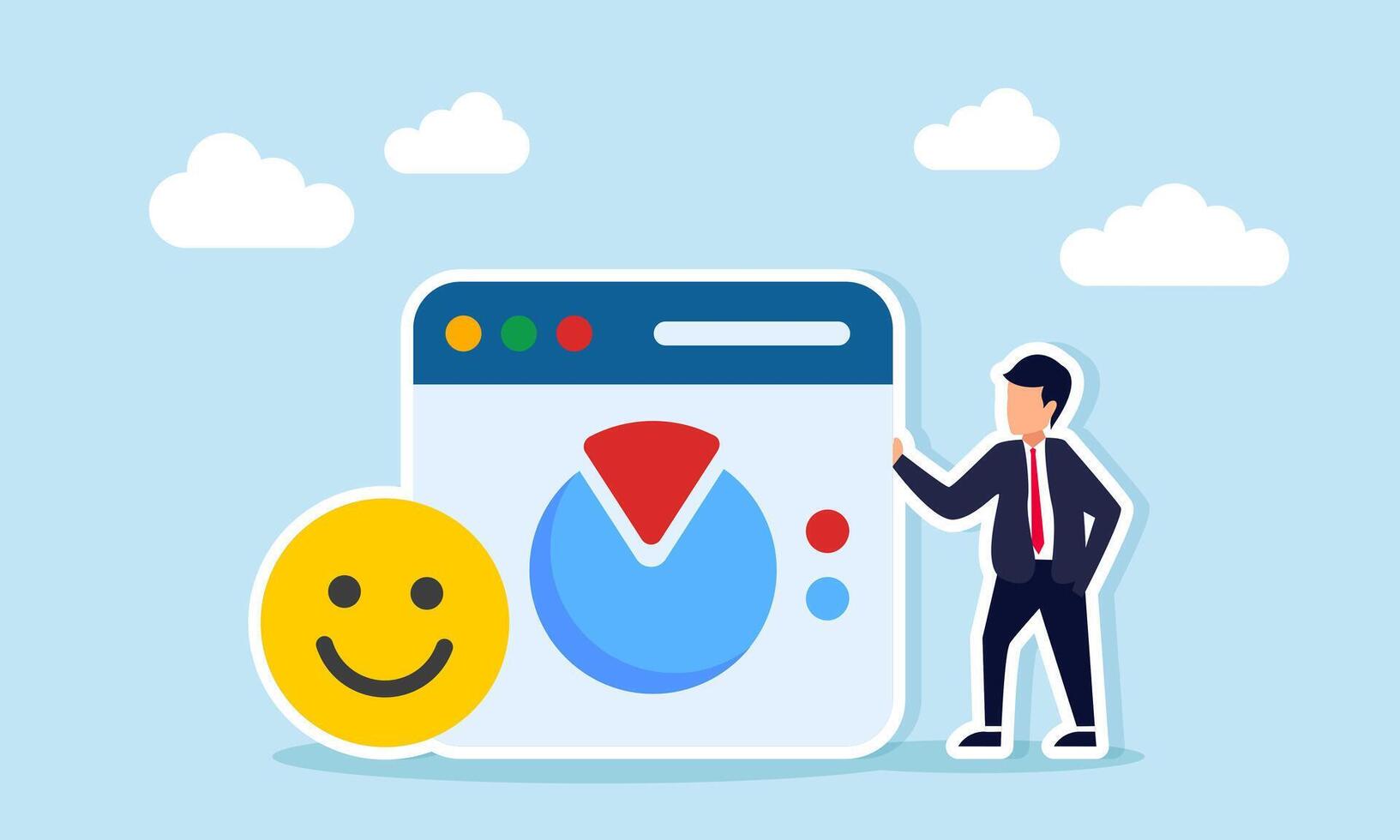 Businessman stand beside happy emoticon and application interface display pie chart illustration of monitor evaluating and analyz market attention classification and segmentation vector