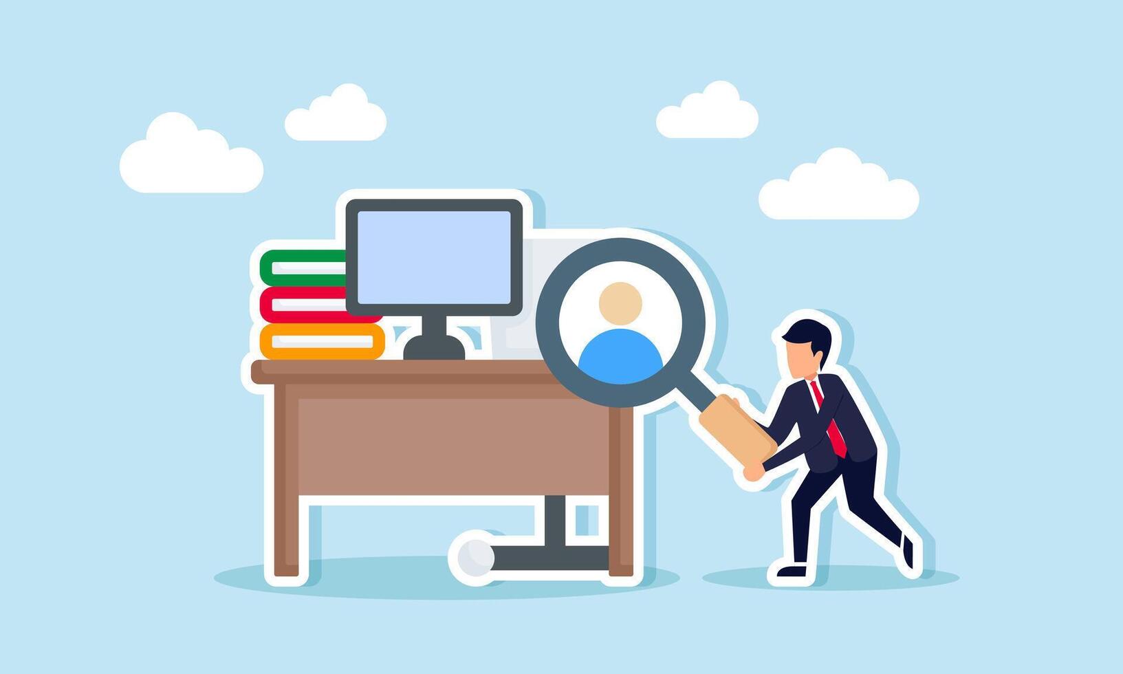 Businessman Standing Beside Desk Holding Magnifying Glass to Examine Candidate Profile Illustration of Searching for Job Position in Company vector