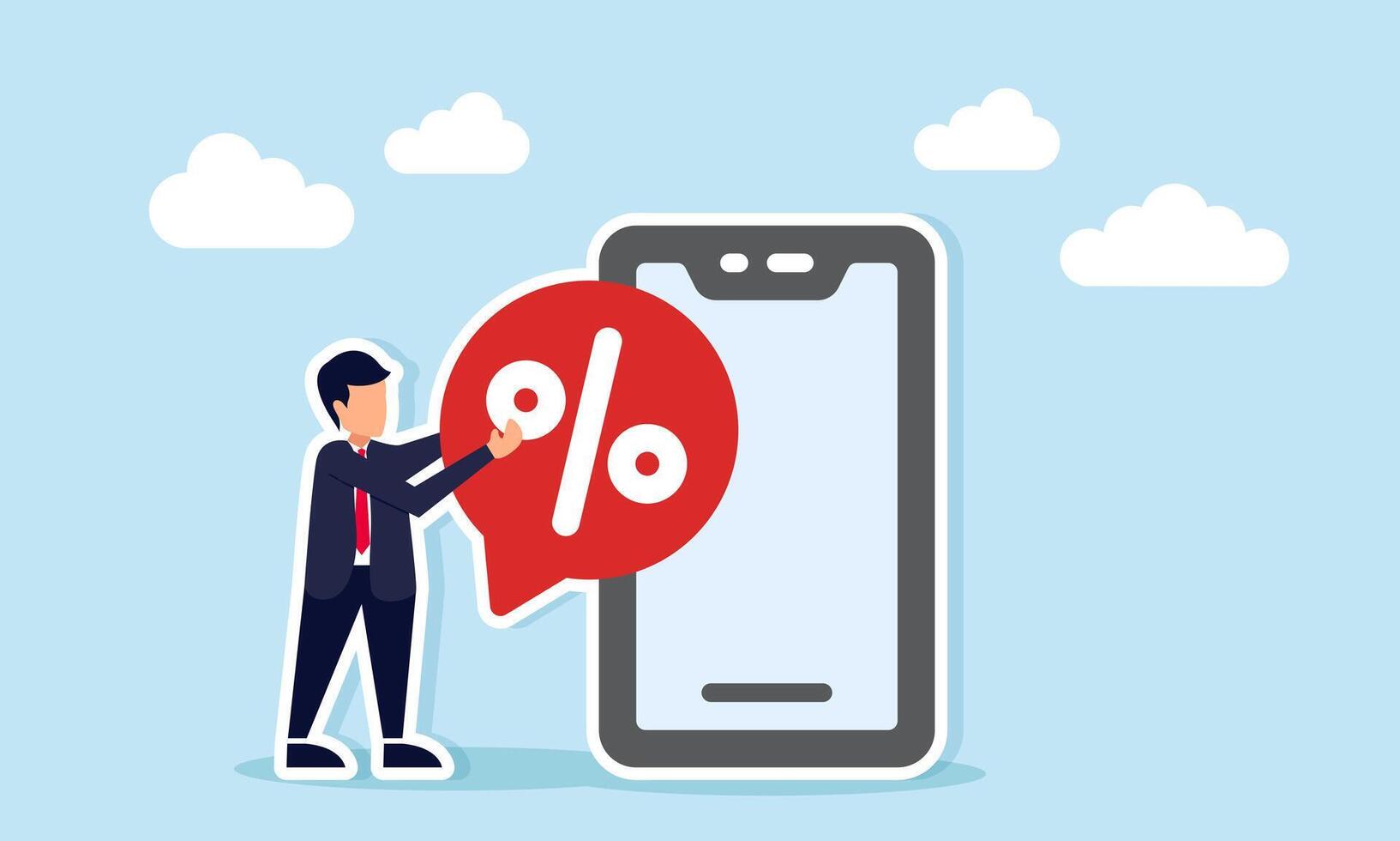 Businessman Holding Chat Dialog with Percent Sign Beside Smartphone Illustration of Digital and Online Business Promotion vector