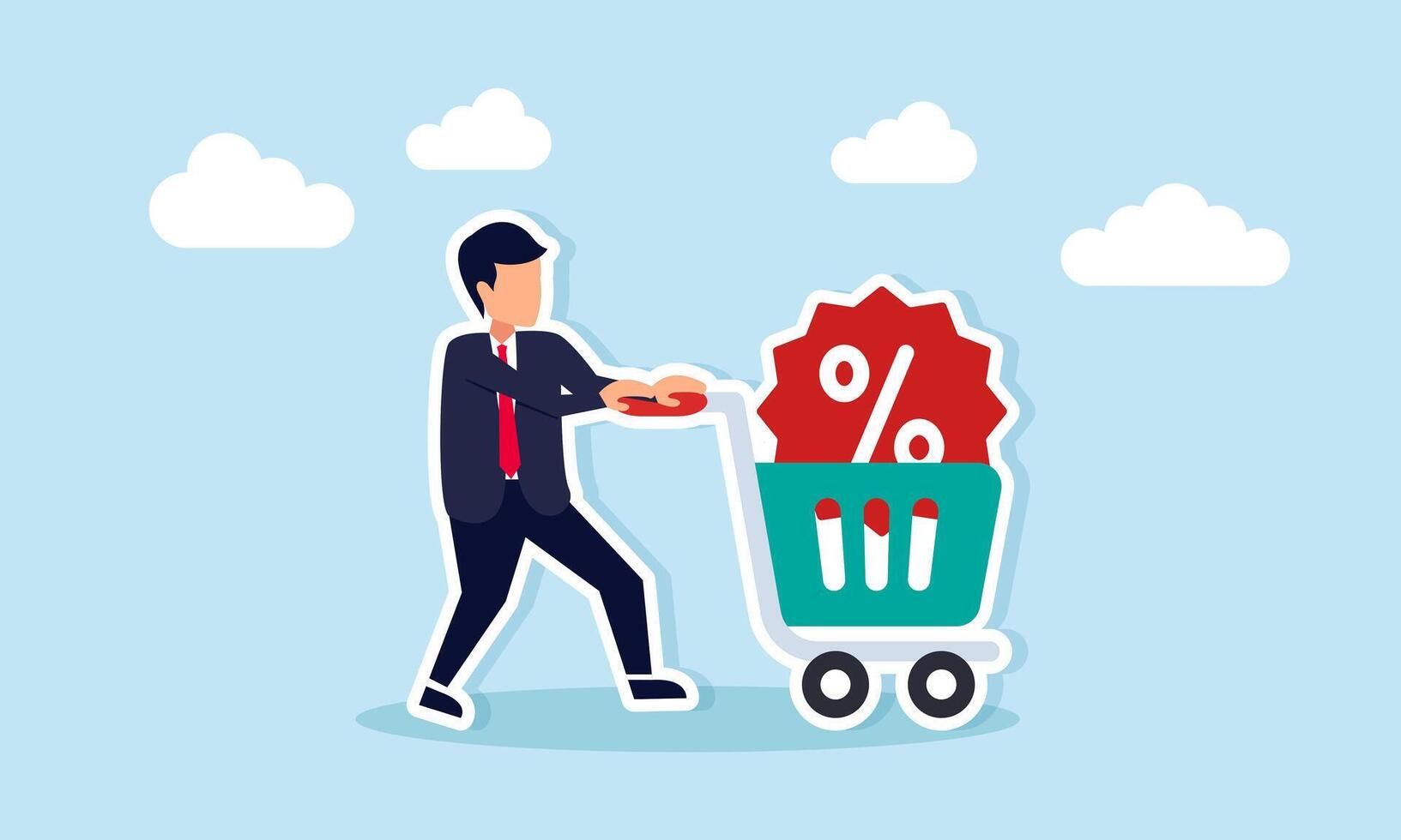 Businessman Pushing Shopping Cart Filled with Percent Sign Representing Maximizing Business Promotions vector
