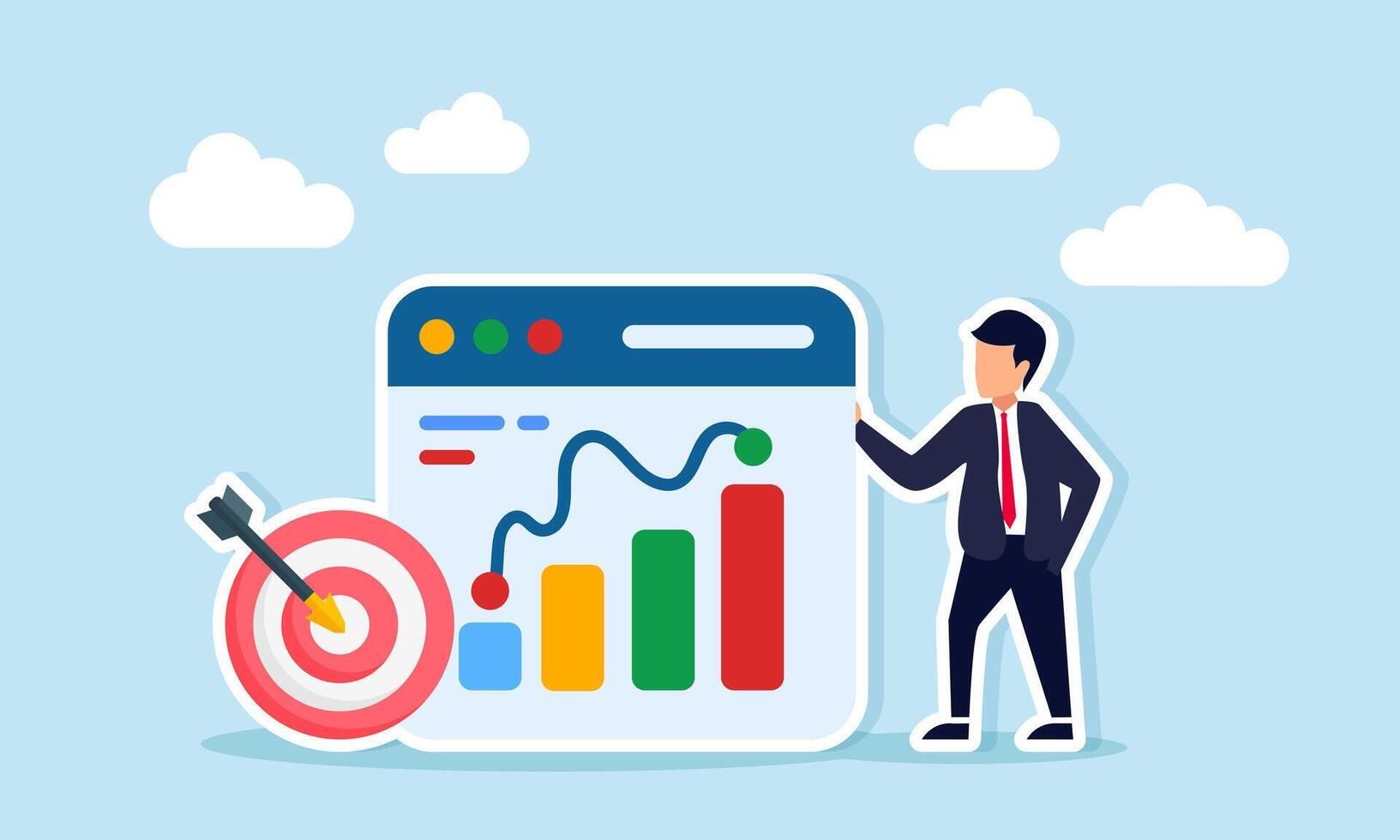 Businessman standing beside target board and application interface displaying graph representing monitoring evaluation and analysis of team business target performance vector
