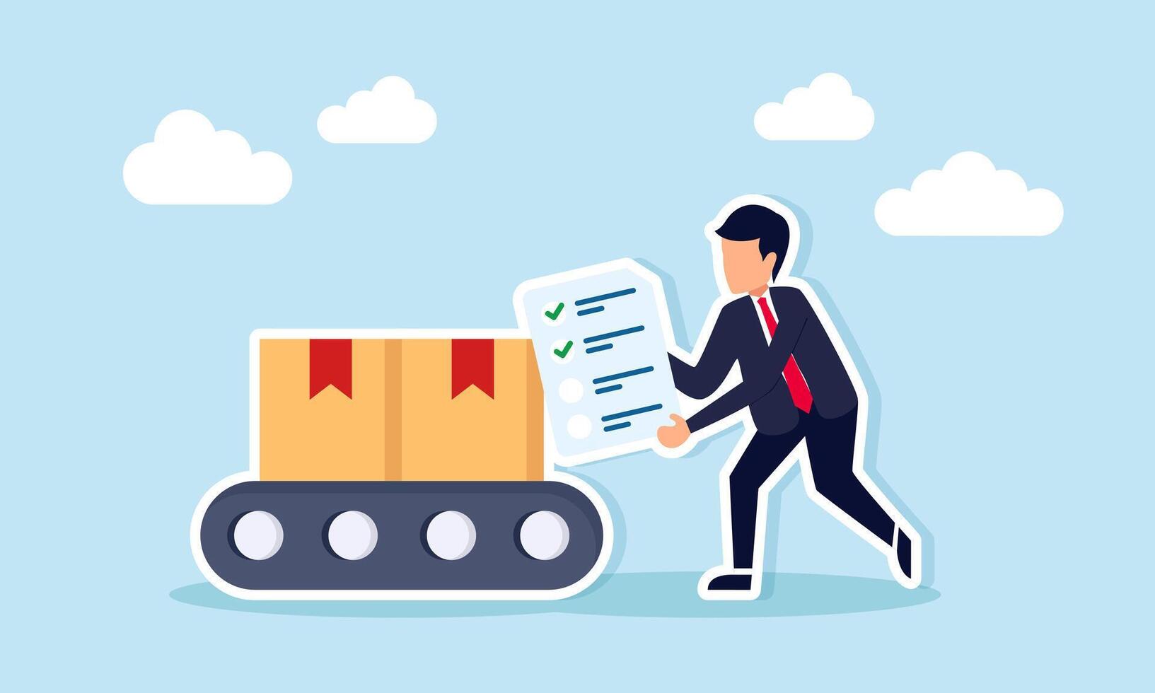 Businessman Holding Document with Checklist Beside Package Box Illustration of Logistics Package Distribution List vector