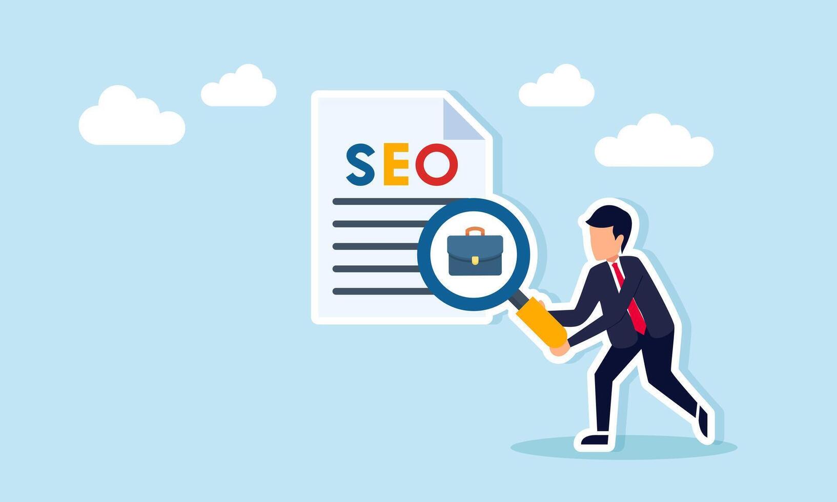 Businessman analyzing SEO document with magnifying glass near briefcase illustration of optimizing business website to improve performance vector