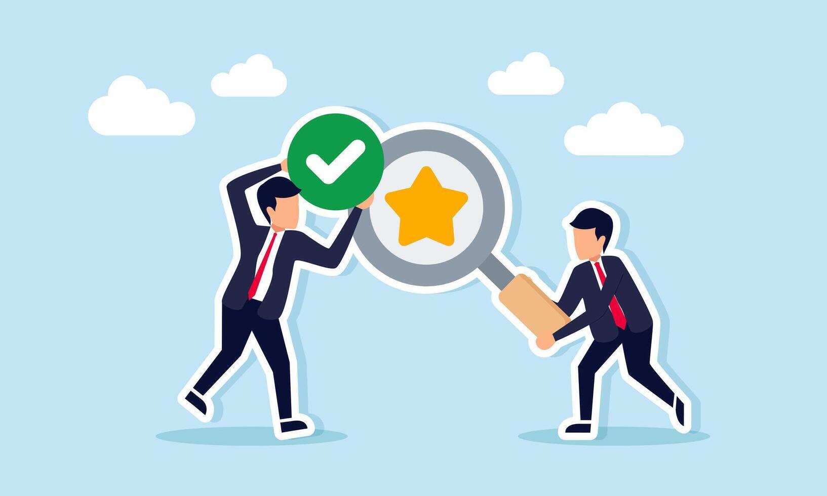 Businessman Holding Magnifying Glass with Star Symbol and Another Holding Checkmark Illustration of Research to Improve Business Quality Standards vector