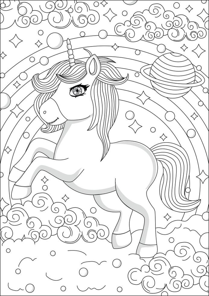 Fantasy Unicorn Coloring And rainbow Coloring Page vector