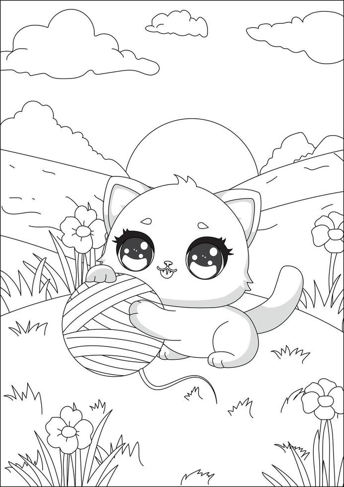 Cute Cat Playing With Yarn Coloring Page vector
