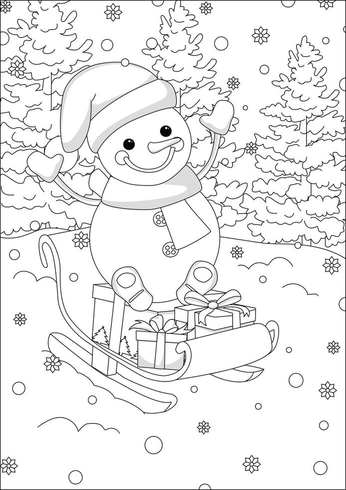 Christmas Coloring Snowman Riding On Board With Gift vector