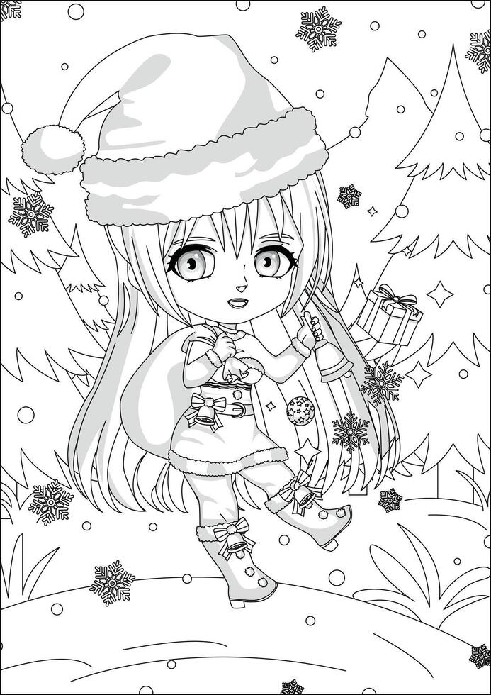 Santa Girl With Gift Bag Christmas Coloring Page Worksheet vector