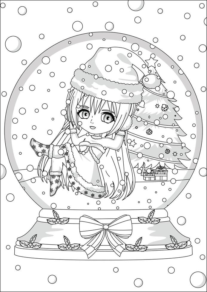 Santa Girl Christmas Coloring Page Black And White vector