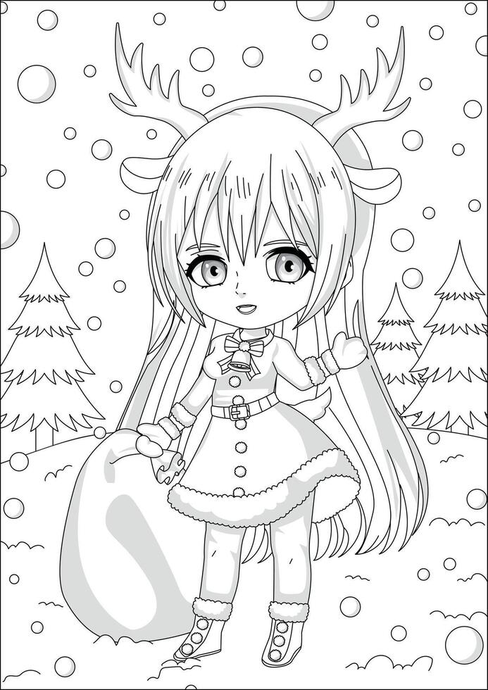 Christmas Santa Reindeer Girl With Bag Coloring Activity Worksheet vector