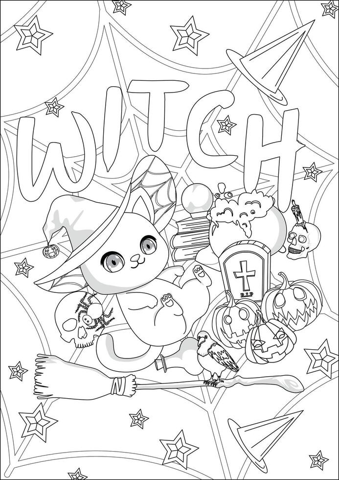 Spider Web Witch Cat Halloween Coloring Page vector