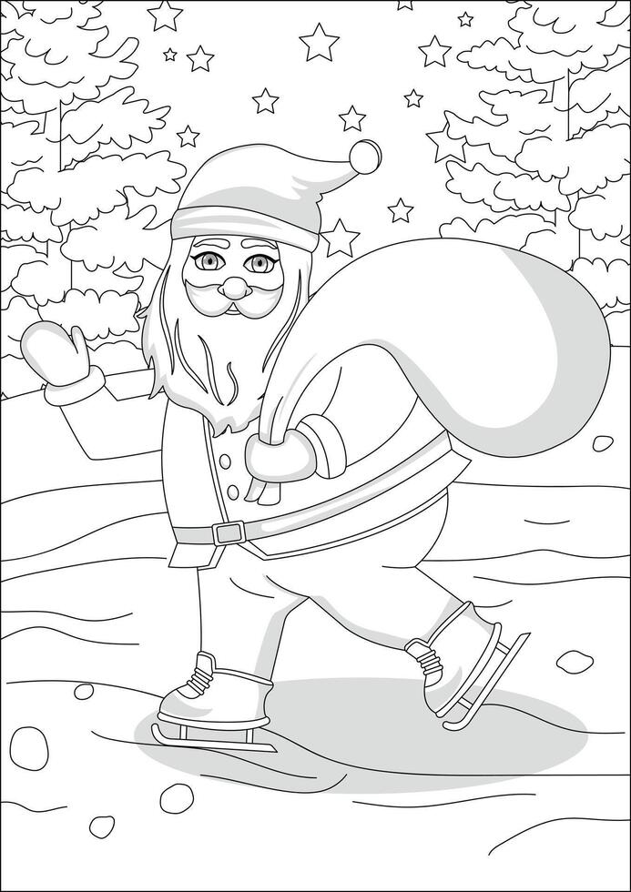 Santa Ice Skating Cartoon Christmas Coloring Page vector