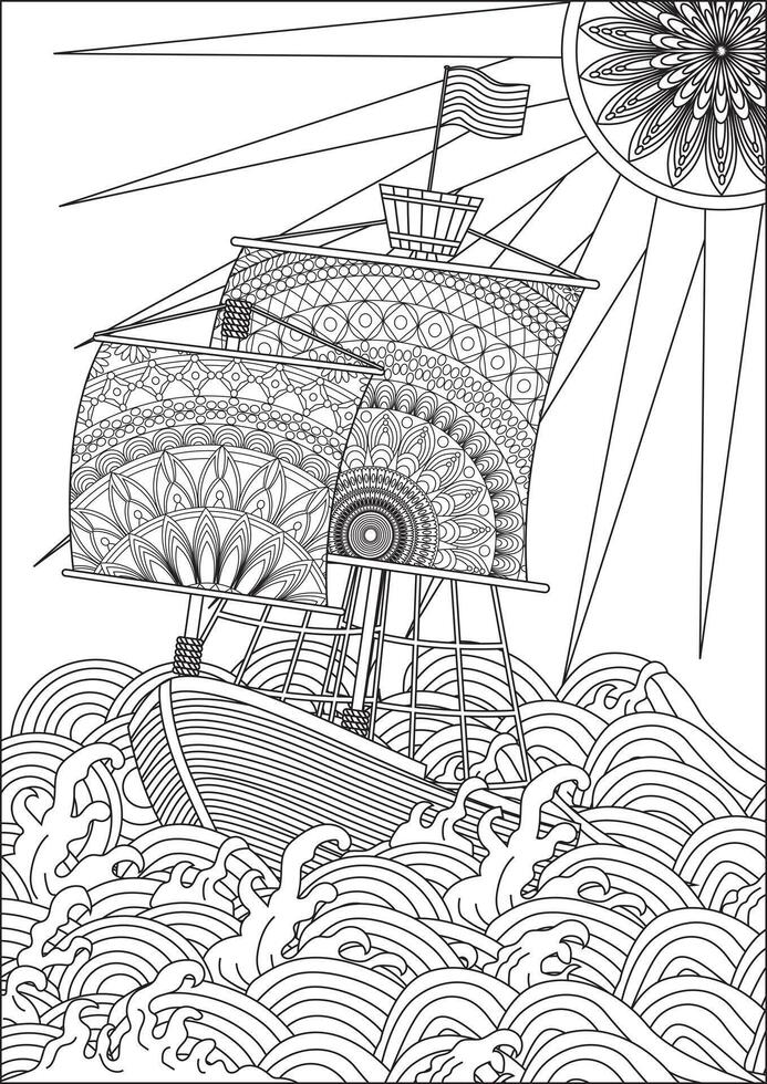 Adult Coloring Page Ship In Waves Anti Stress vector