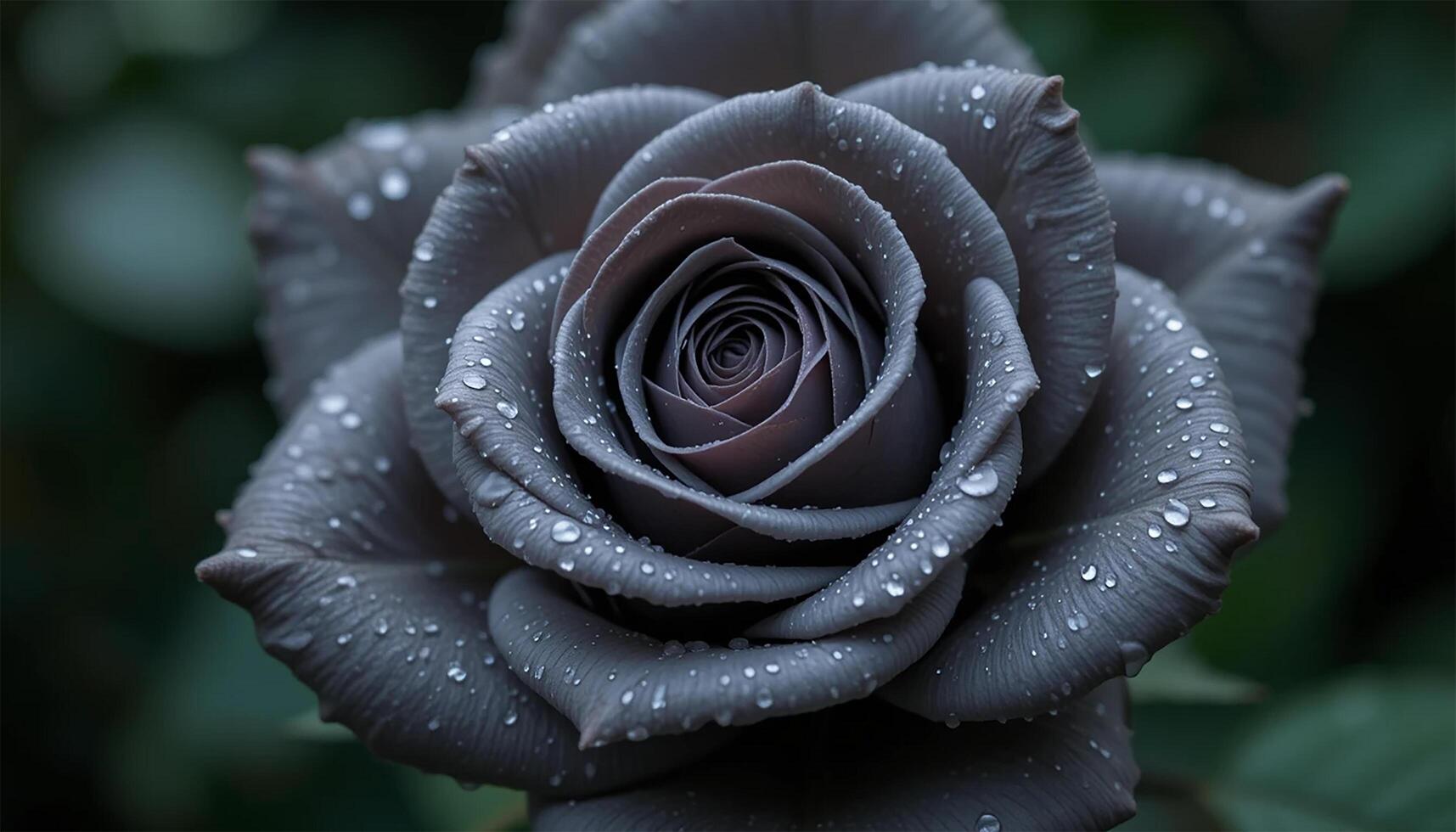 Exquisite close up of a dark gray rose with sparkling water droplets in a garden photo
