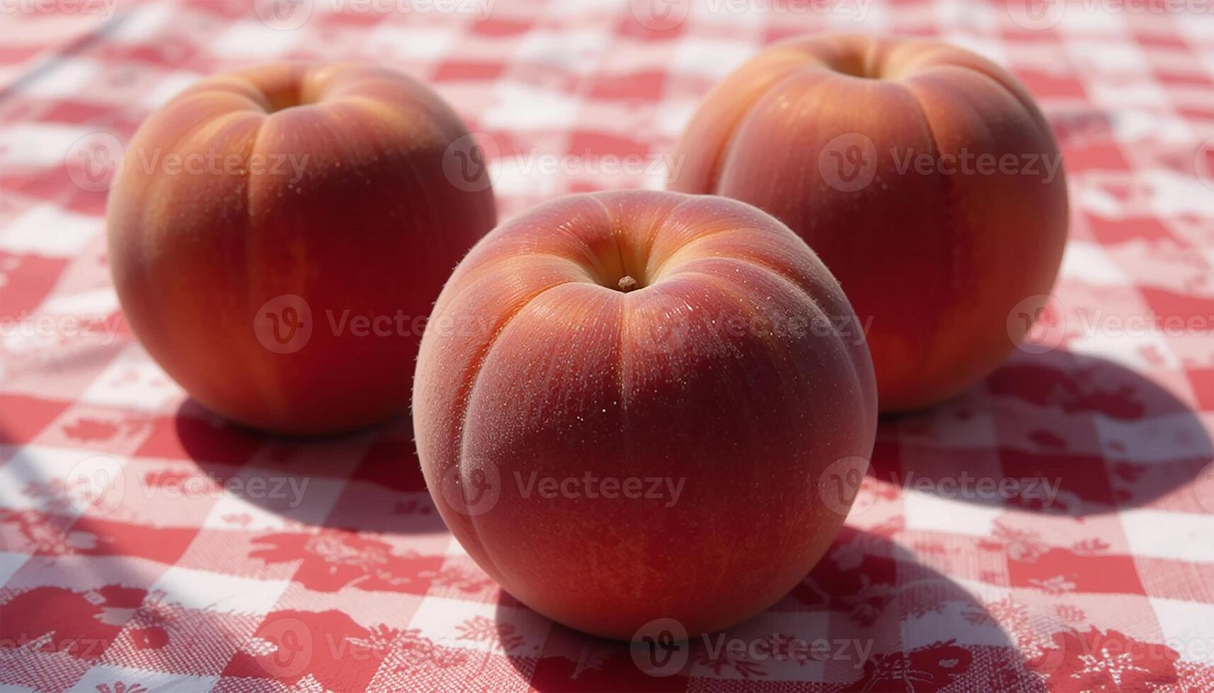 Three ripe peaches displayed on a red and white gingham checkered picnic table photo