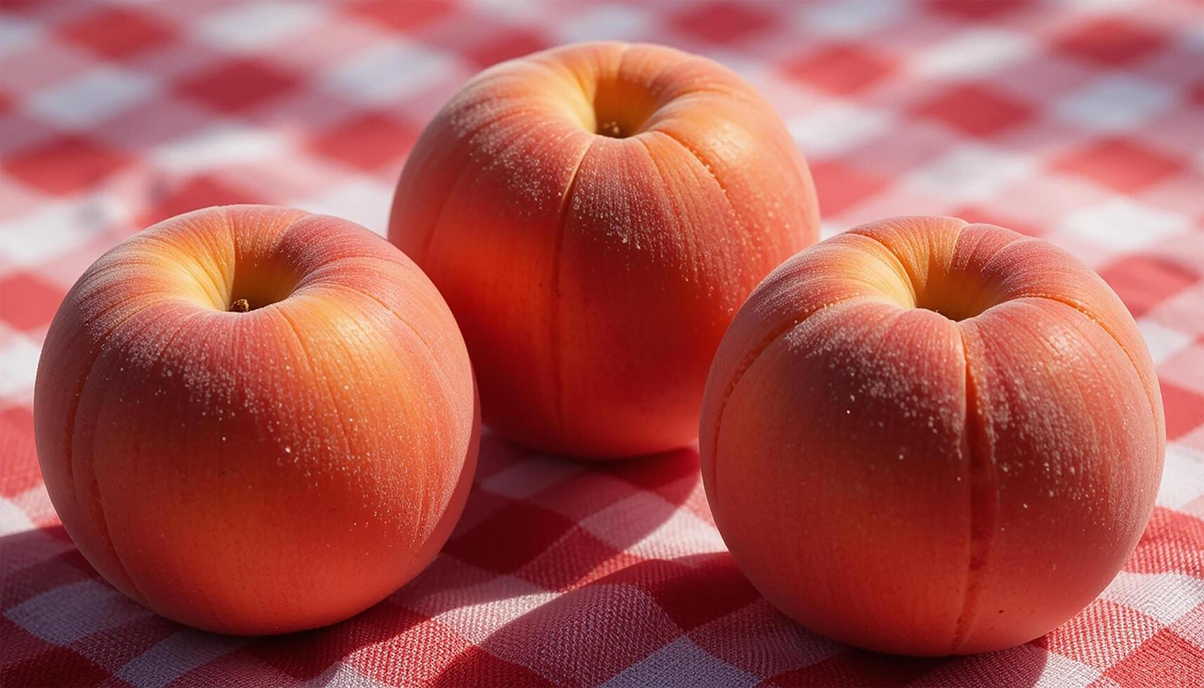 Three freshly picked peaches resting on a red and white checkered picnic tablecloth photo