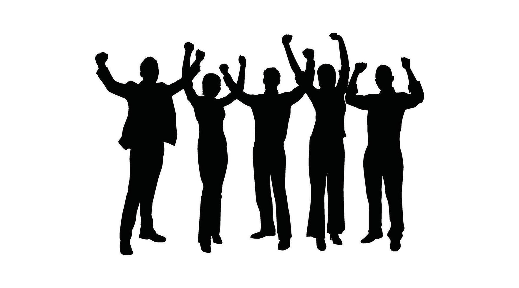 Group Silhouettes Of Celebrating People With Raised Hands vector