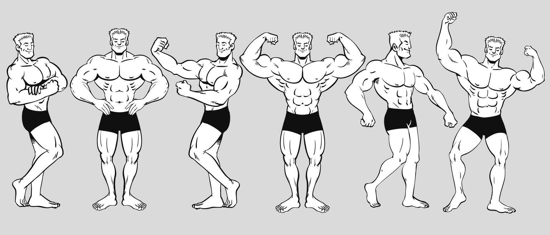 Vintage Retro Bodybuilder Character in Various Muscle Poses vector