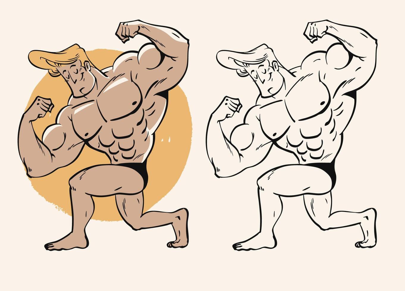 Cartoon bodybuilder character in vintage hand drawn style vector
