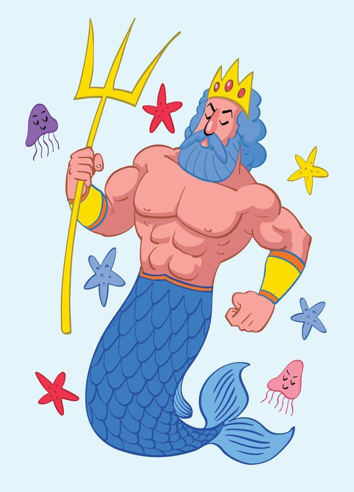 Greek God of Poseidon in Vintage Retro style Hand Drawn vector