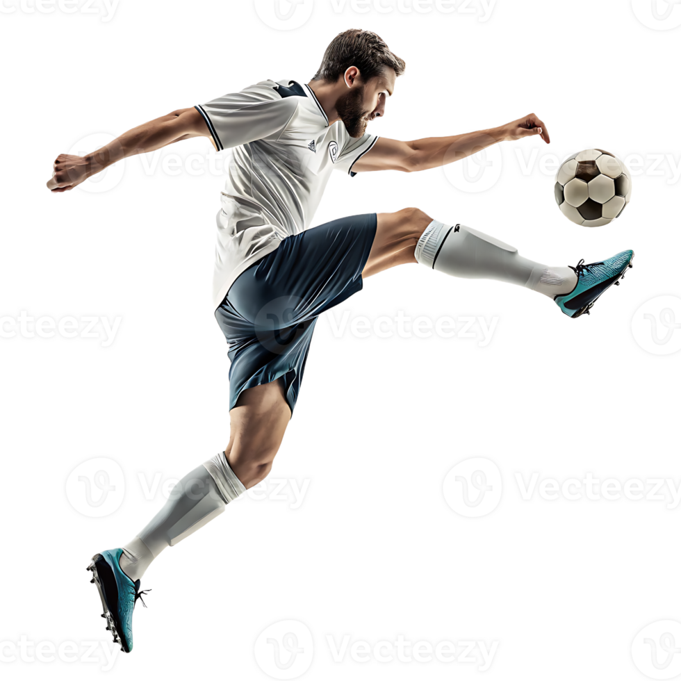 A boy, a soccer player in action, jumps to kick the ball png