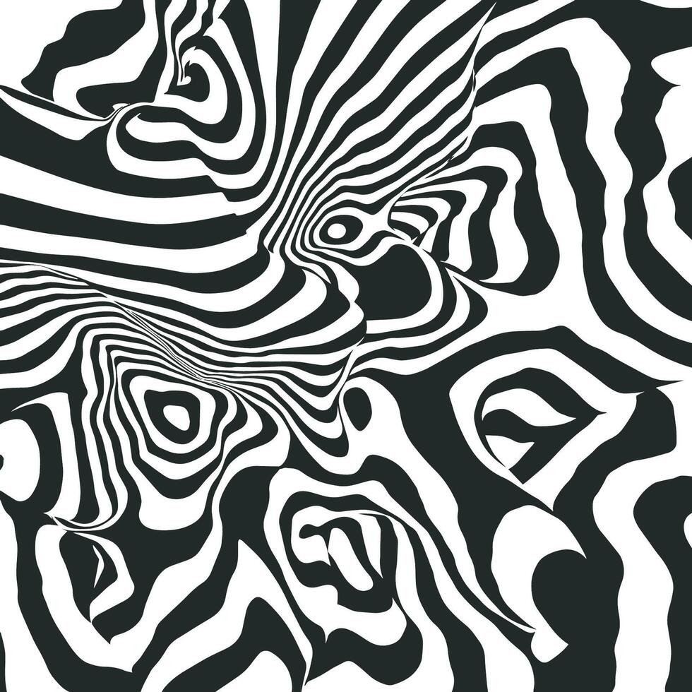 Black and white 3d line distortion illusion design. Geometric stripped pattern. Modern swirl curve cover. Monochrome background vector
