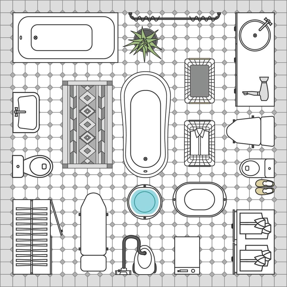 Furniture icons set for bathroom layout design. Interior design architectural plan standard collection. Floor plan in top view vector