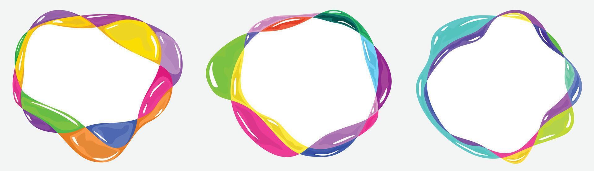Abstract multicolored twisted inflated bubbles form a circular frame border. Amorphous ring banner design. Futuristic colorful liquid element. Rainbow background vector