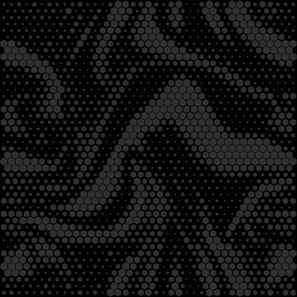 Digital black folds camouflage, hexagons pattern. Futuristic print techno wavy background. Urban dark camo halftone dots grid texture. Fashionable wallpaper vector