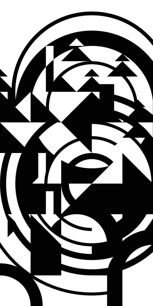 Geometric bauhaus pattern with mountains and fir trees. Mosaic background. Tourism and outdoor recreation. Abstract vertical composition banner with black and white overlay circles. Mural art vector