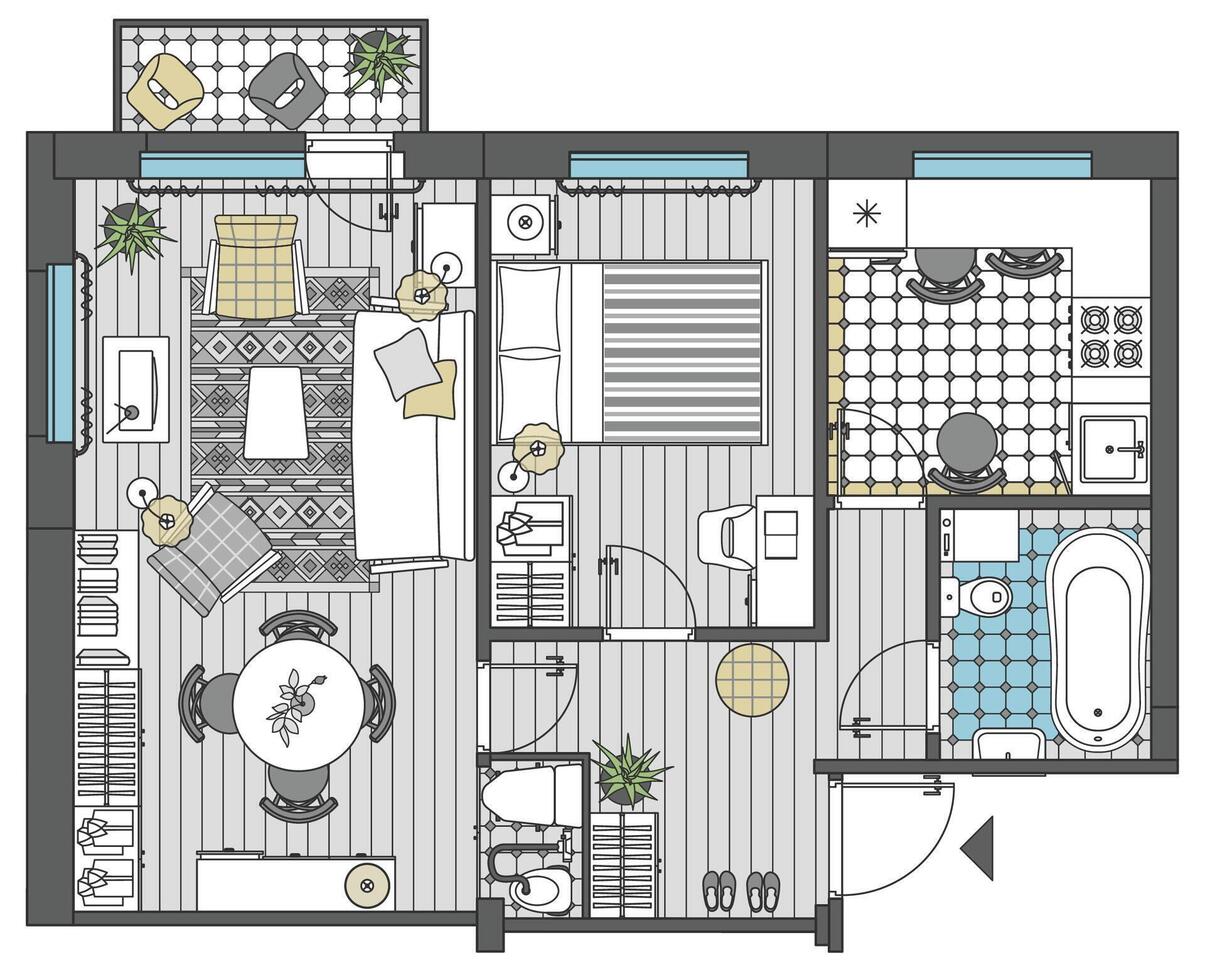 Two room apartment in top view. Floor plan with furniture placement. The interior design project. Architectural plan of russian standard khrushchevka. Apartment with kitchen and bedroom vector