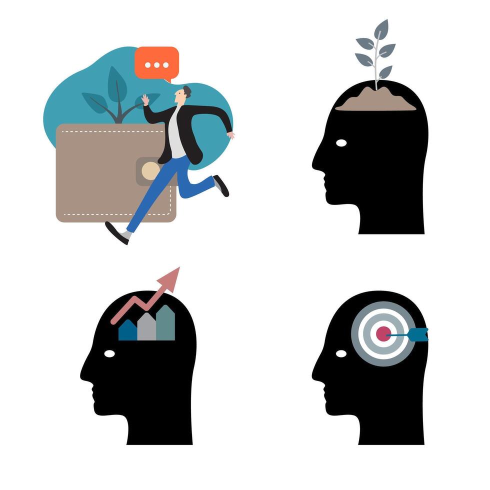 Business growth concept illustration with four icons representing different aspects of financial success and personal development vector