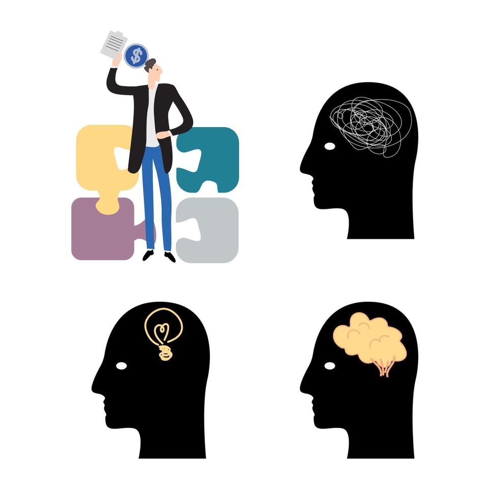 Businessman solving puzzle with dollar sign, idea and brain illustration vector