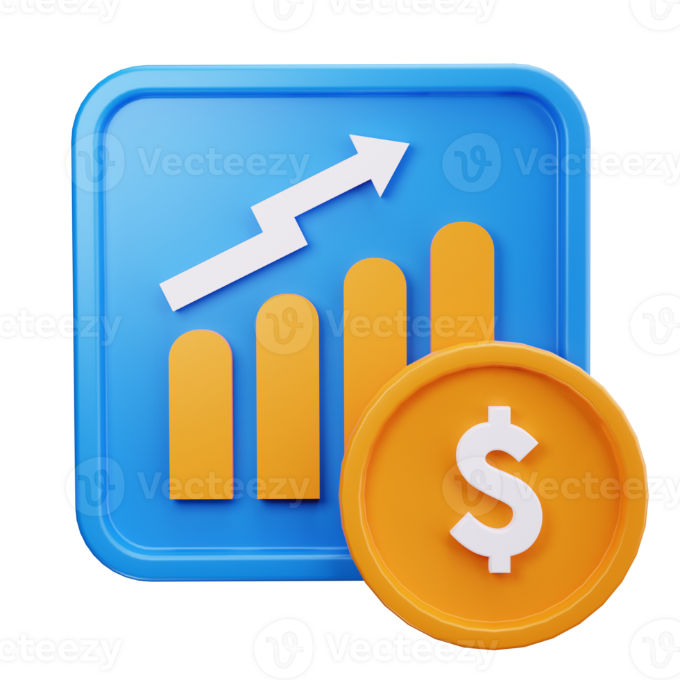 Blue square with a graph and white arrow showing an orange dollar coin png