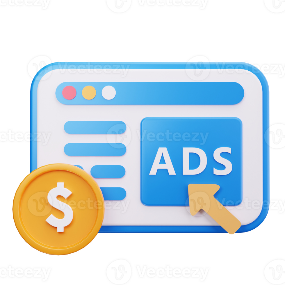 Blue browser window with ads and a golden coin with a dollar sign png