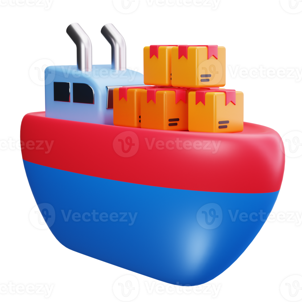 3d icons a blue and red boat carries orange boxes png