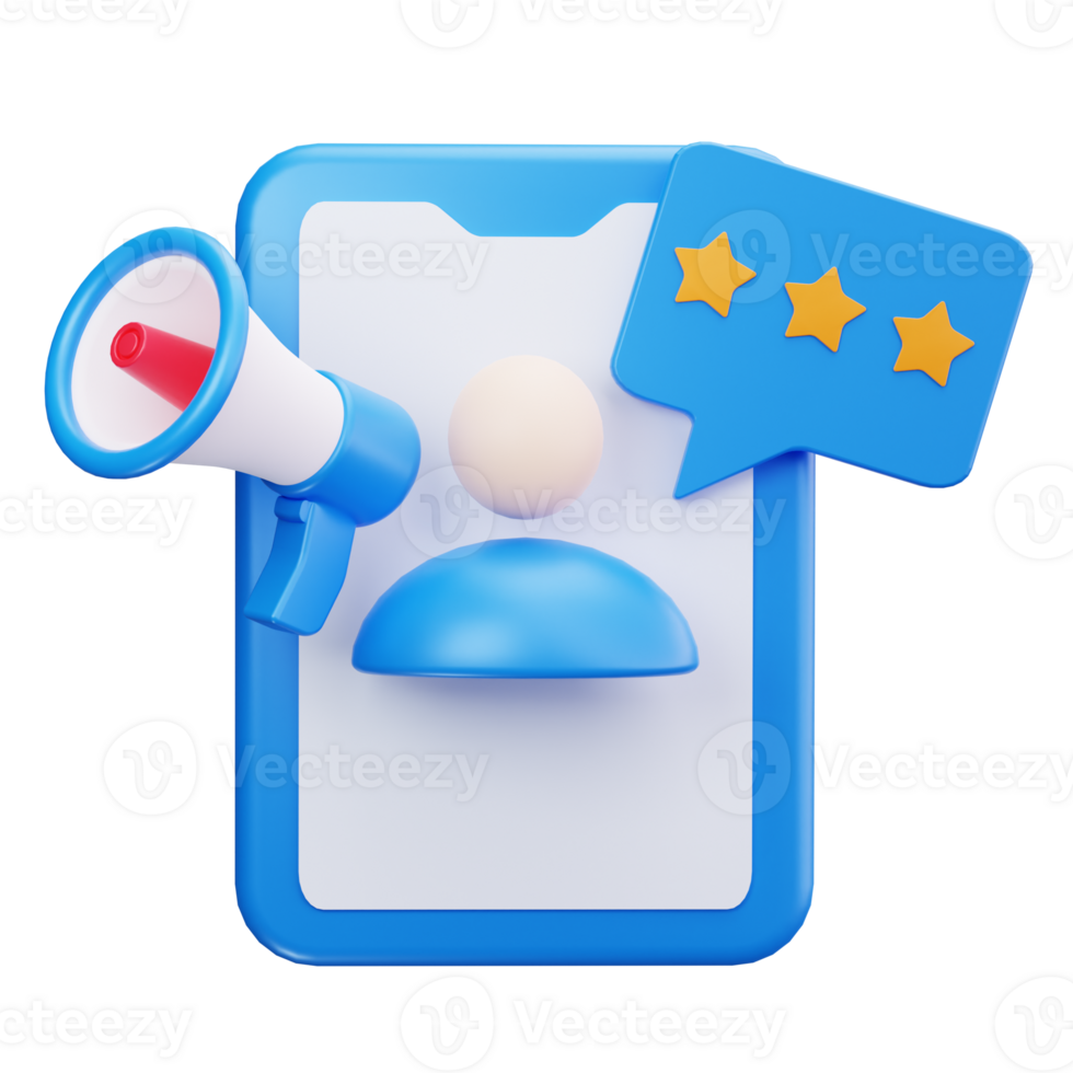 It shows a blue megaphone next to a blue phone with a three star review png