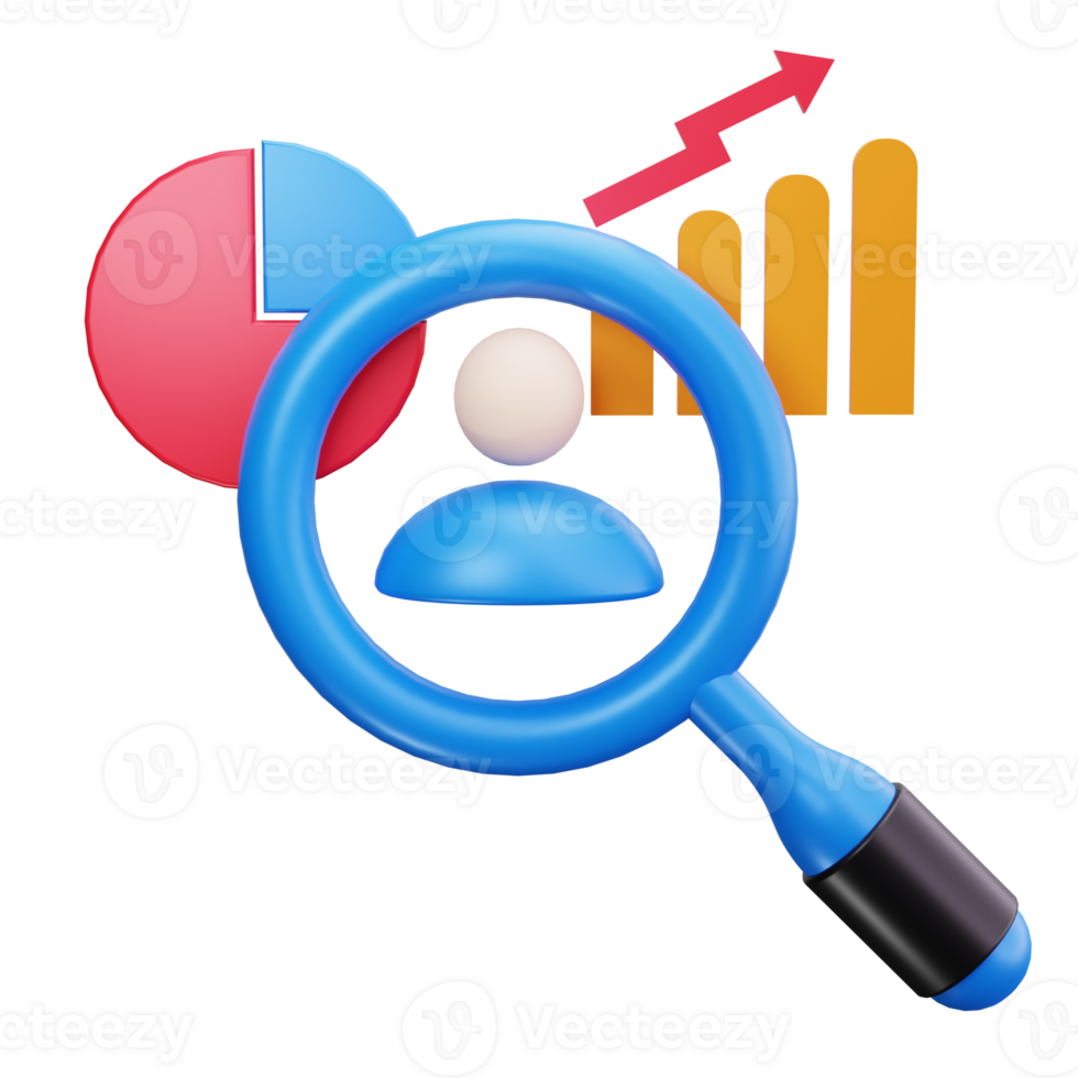 Blue magnifying glass over a person icon pie chart and bar graph png