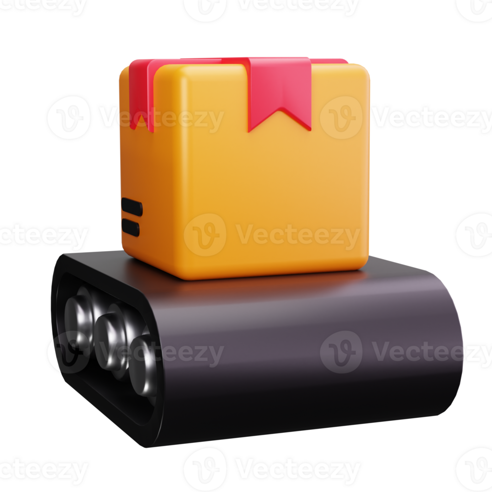 3d icons of a yellow box with a red ribbon on a black conveyor belt png