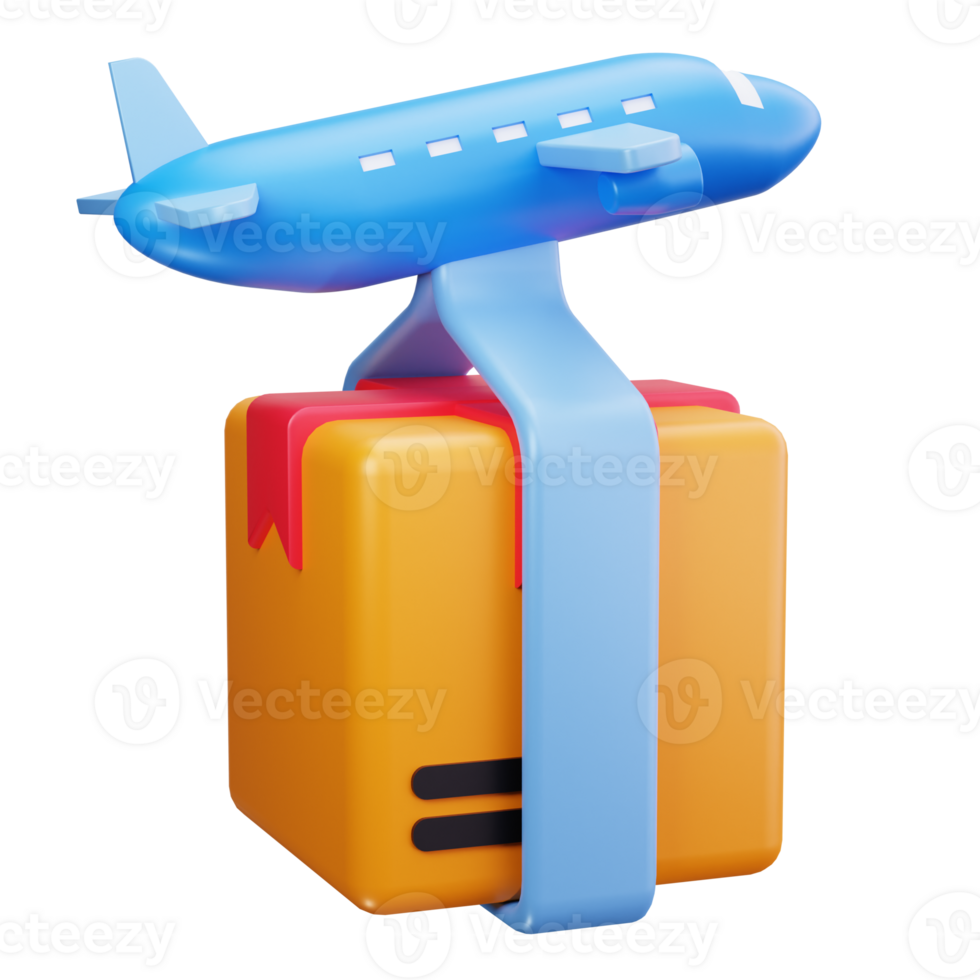 3d icons blue airplane carrying a yellow package with a red ribbon png