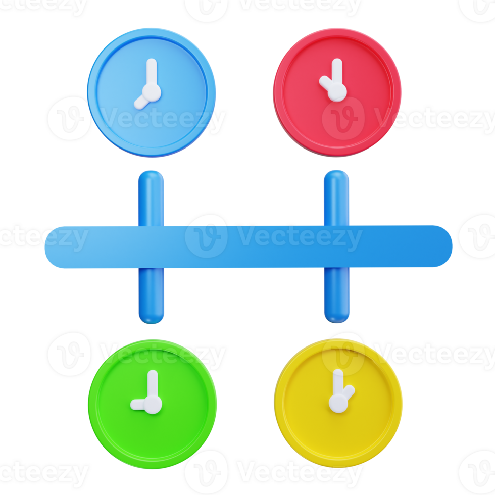 Four colorful clocks and two blue cylinders. png