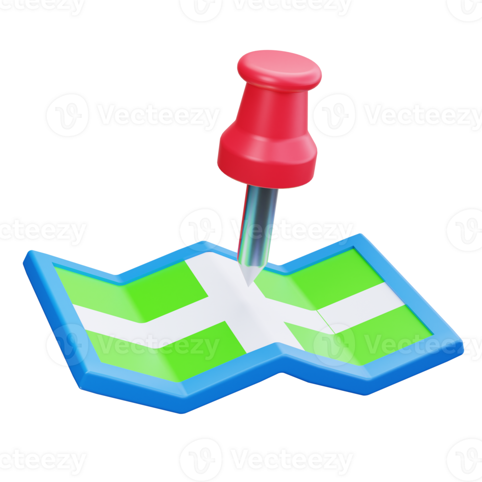 3d icons of a red push pin on a green and blue map png