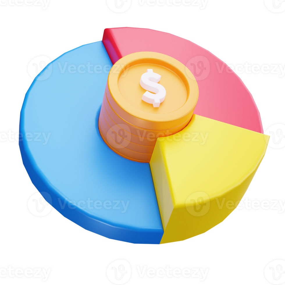 3d pie chart with coins and a dollar sign. png