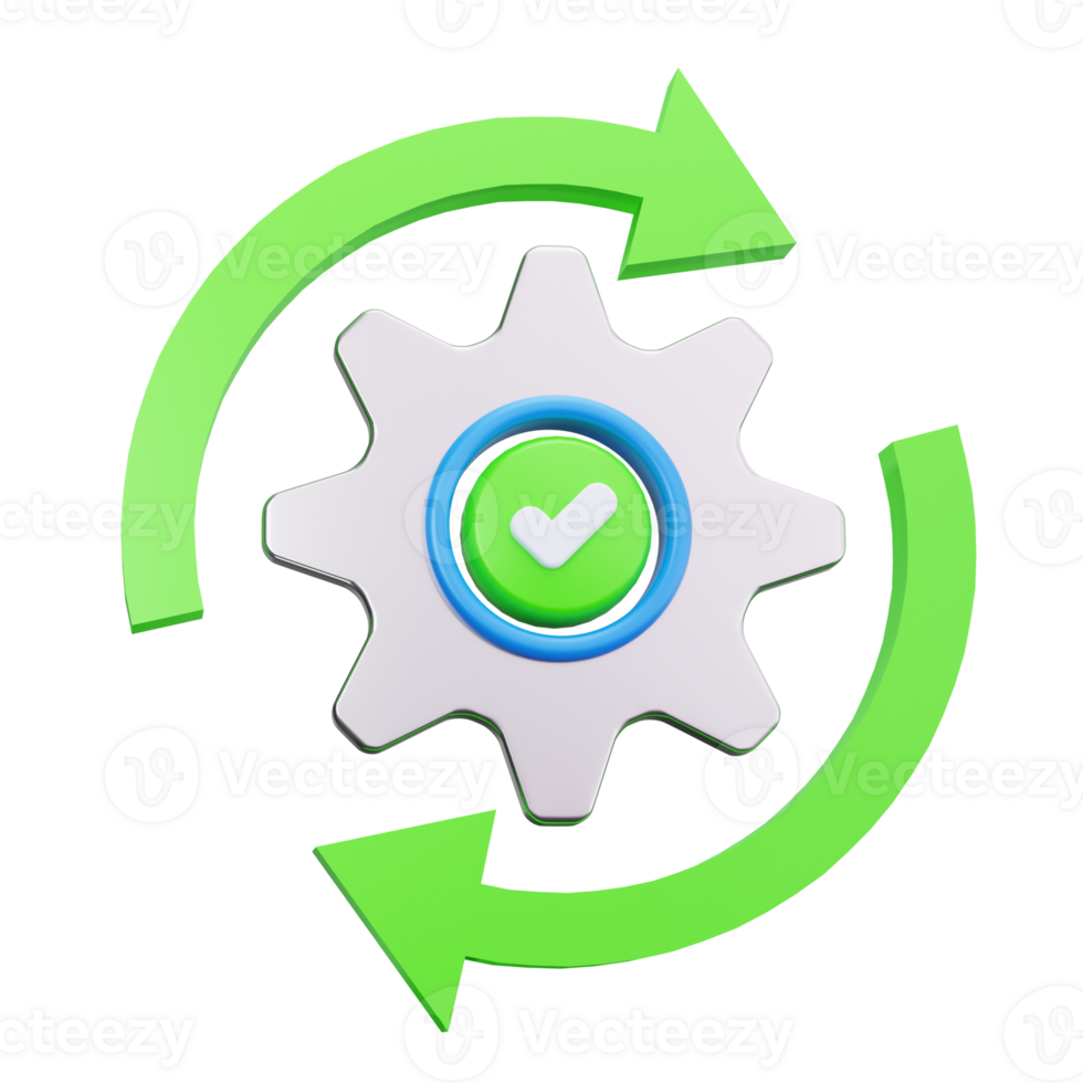 3d gear with a green check mark and green arrows. png