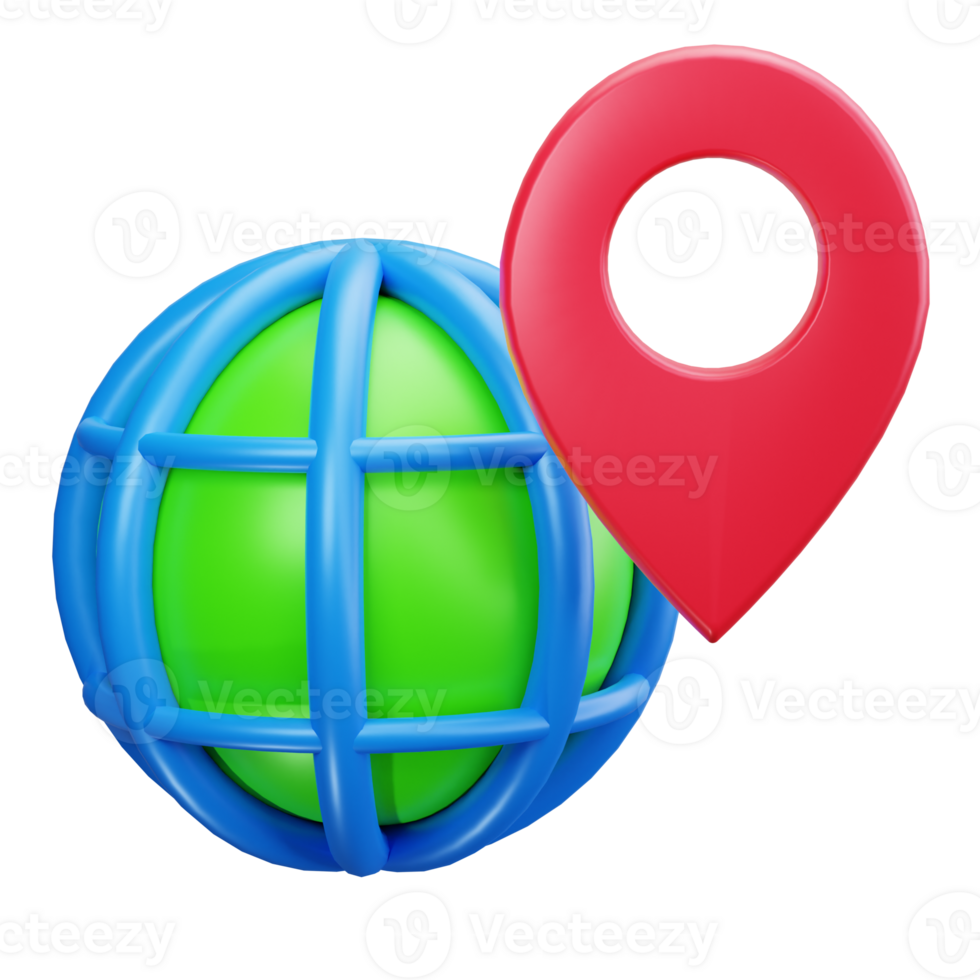 3d icons of a green globe with a blue grid and a red location pin png