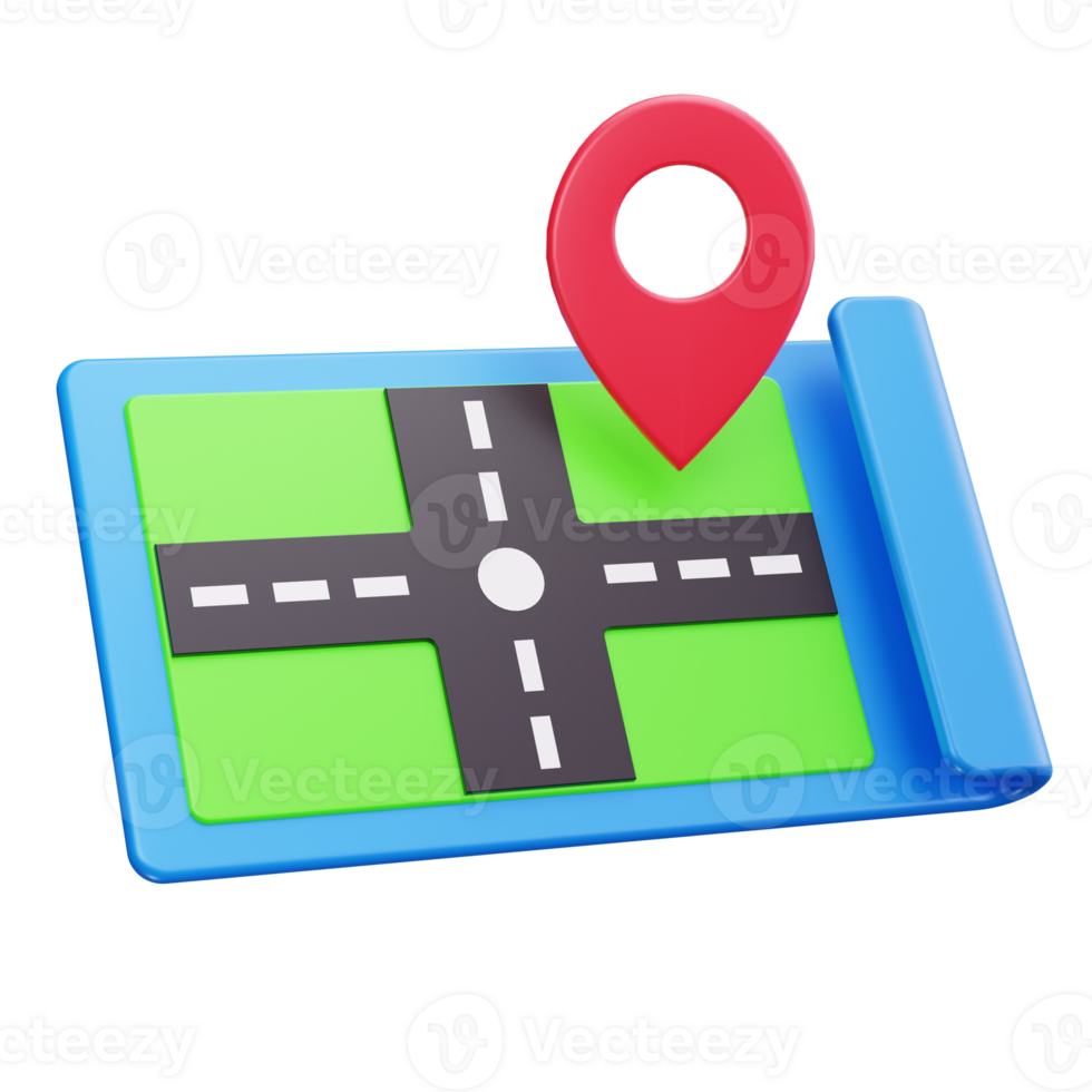 3d icons of a red pin on a 3d rendered map png