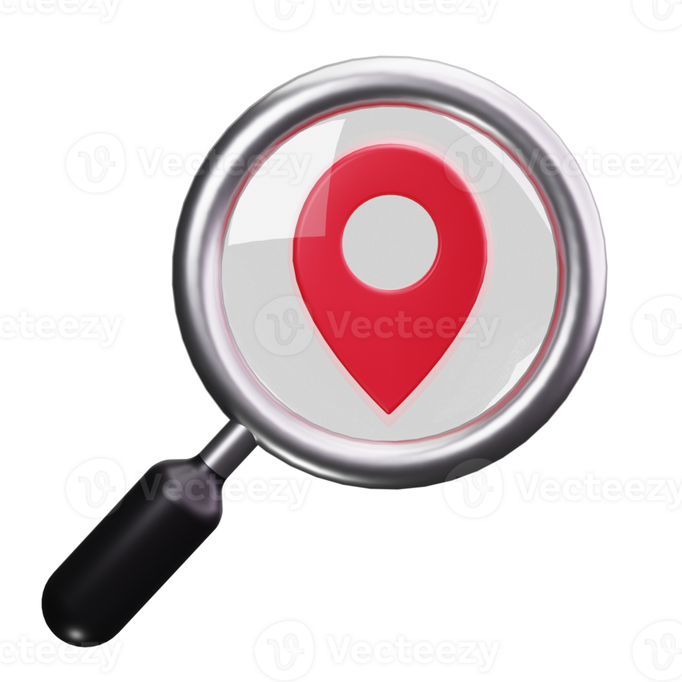 3d icons a magnifying glass with a red location pin inside png